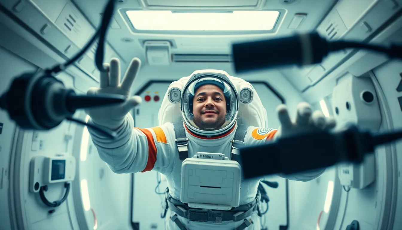 Astronaut in Zero Gravity Inside a spacecraft, an astronaut floats in zero gravity, surrounded by the vibrant glow of control panels. The dynamic angle captures the feeling of motion as tools drift around. Rich reflections from the LED lights create a colorful atmosphere against the astronaut's suit, emphasizing the technology of space travel. The image feels alive with the essence of exploration and the wonders of living in a microgravity environment.