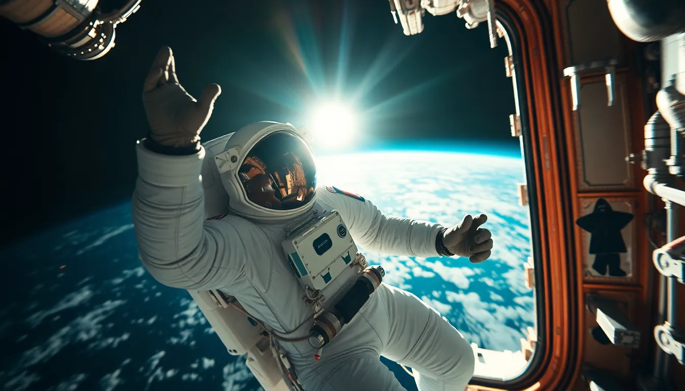 Zero Gravity Spacewalk Outside Space Station This dynamic image showcases an astronaut performing a spacewalk in zero gravity, surrounded by the gleaming hull of a space station. The sharp contrasts created by the bright sunlight highlight the intricate details of the astronaut's suit and tools. A teal and orange color grading adds a cinematic touch, enhancing the sense of adventure and exploration. The unusual angle adds drama, making this image an exhilarating capture of human ingenuity in space.