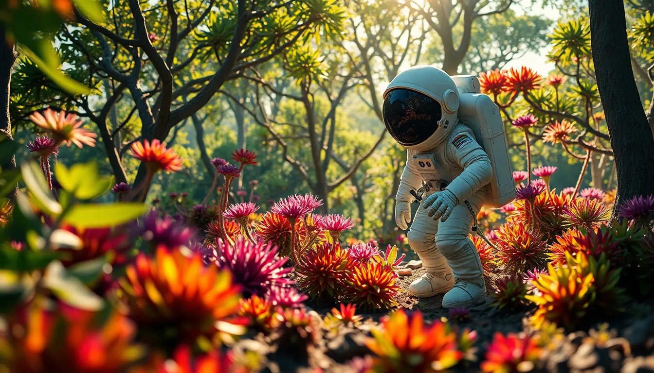 Astronaut Exploring Alien Planet An astronaut navigates a surreal alien planet teeming with vibrant and unusual plant life. The photograph captures brilliantly colored vegetation glowing under filtered sunlight, creating a fantastical atmosphere. Deep focus reveals the intricate details of both the astronaut’s suit and the alien flora, enriching the immersive experience. The lush greens, vivid purples, and unique textures present a captivating scene, inviting viewers into a world of exploration and discovery.