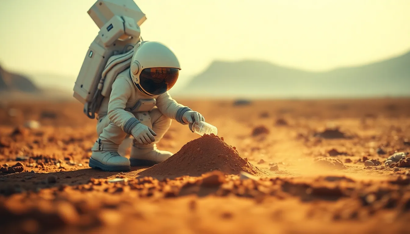 Astronaut Collecting Soil Samples on Mars This mesmerizing image depicts an astronaut kneeling on the surface of Mars, carefully collecting soil samples. The warm hues of the Martian landscape contrast beautifully with the astronaut's suit, creating a striking visual effect. Soft light filtering through the thin atmosphere adds a dreamlike quality, while the blurred background creates a sense of depth. The detailed texture of the Martian soil and the astronaut's tools enhances the realism of this exploratory moment, inviting viewers into the alien world.