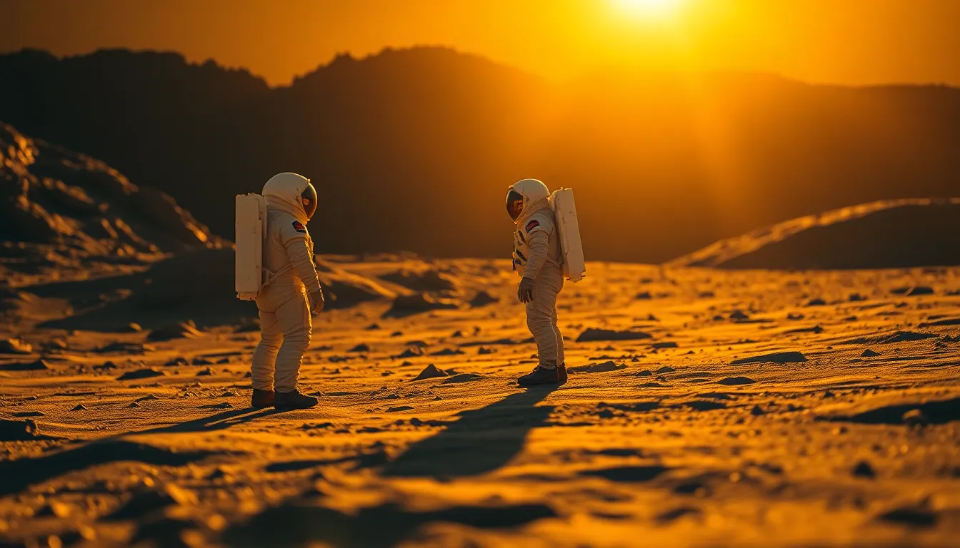 Astronaut Exploring Lunar Landscape at Sunrise