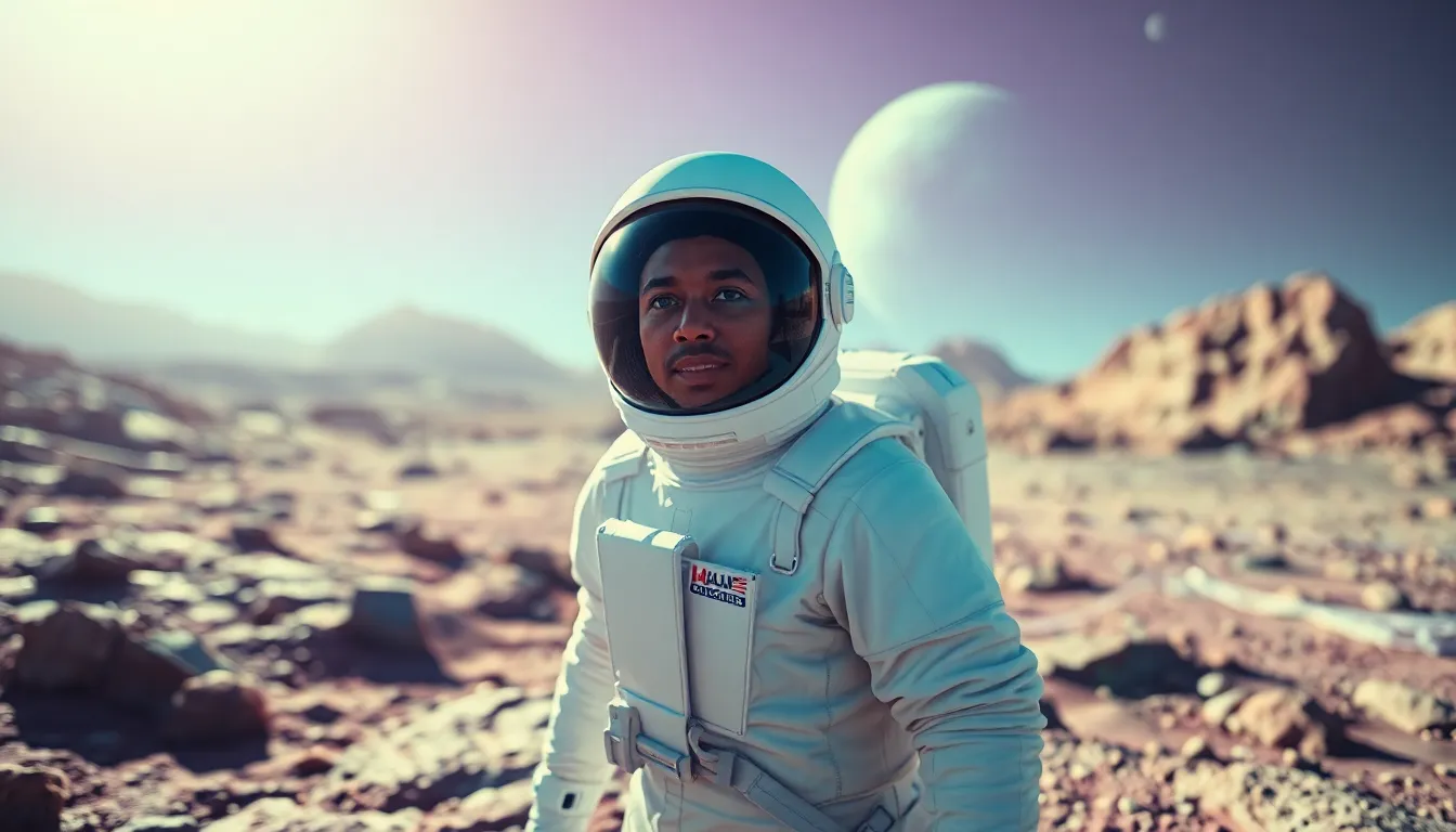 Astronaut on Alien Planet This imaginative image shows an astronaut exploring a vibrant alien landscape filled with unusual colors and textures. The softness of the diffused sunlight adds to the otherworldly feel, highlighting the astronaut's expression of wonder. The combination of purples and greens in the terrain contrasts beautifully with the astronaut's white suit, while the use of leading lines draws attention to the exploratory act. This photograph captures the spirit of discovery in uncharted territories.