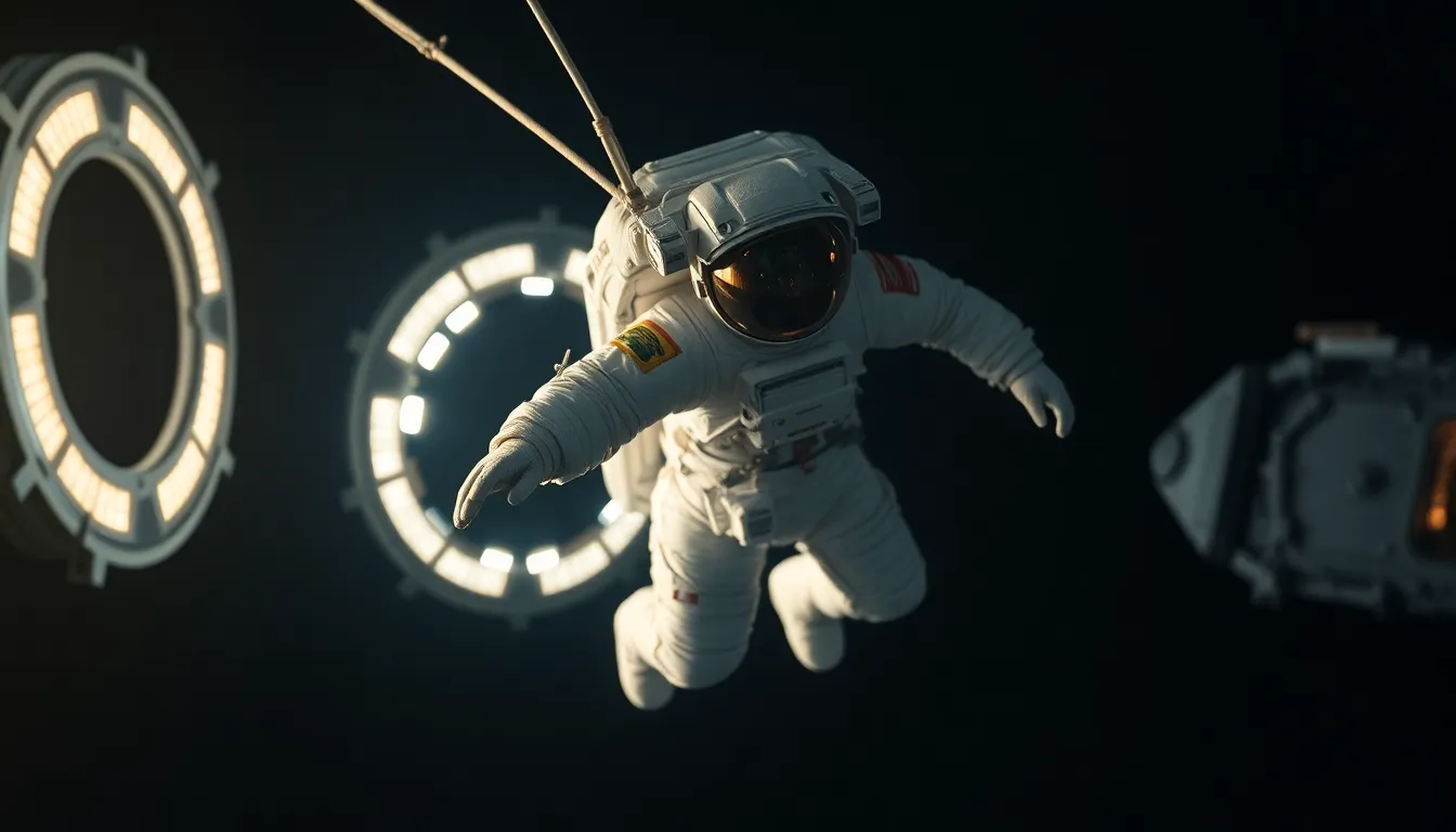 Astronaut Floating in Space Near Spacecraft