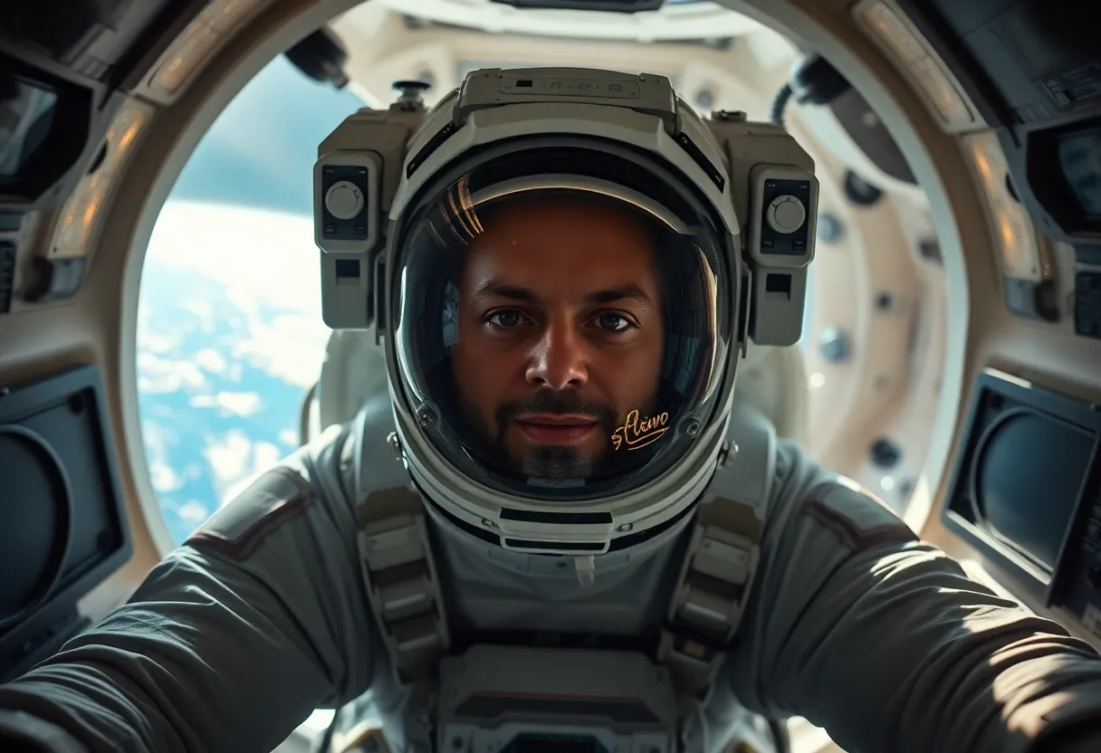 Astronaut in Spacecraft with Earth Reflections