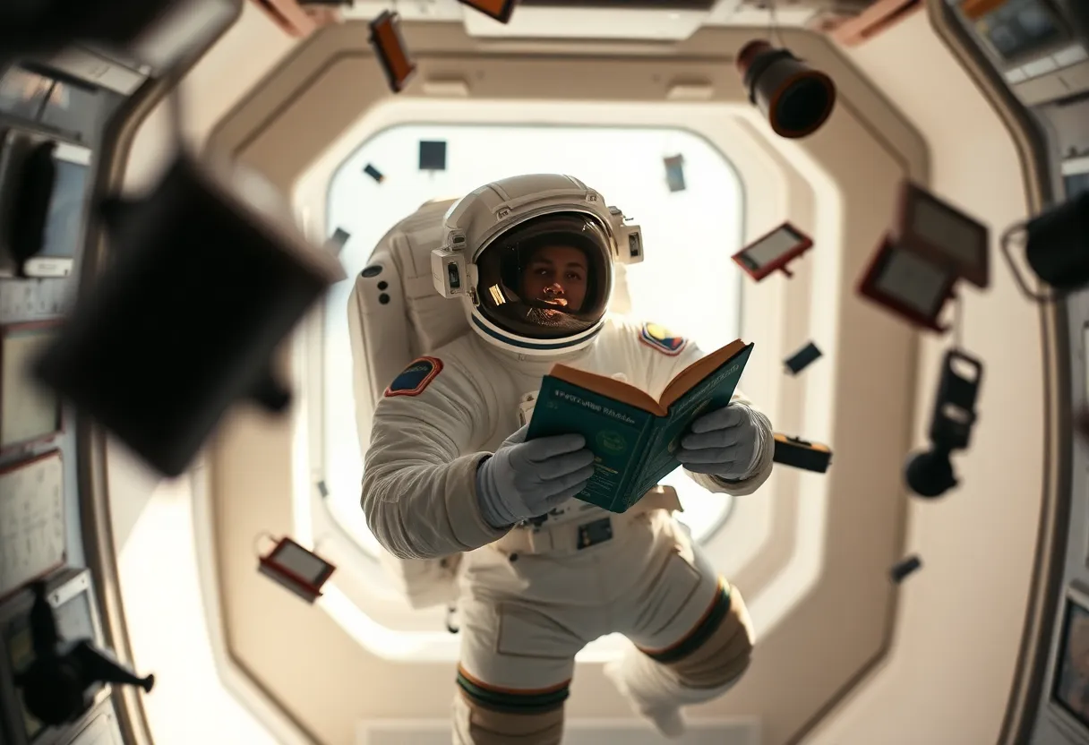 Astronaut in Zero-Gravity This image features an astronaut gracefully floating in the zero-gravity confines of a spacecraft, illuminated by soft interior lights. The focus on the astronaut's face reveals a look of wonder as they navigate their surroundings, with tools and instruments gently suspended around. The cool white and blue tones evoke the high-tech nature of space exploration. This scene captures the magic of human curiosity and the challenges of living and working in space.