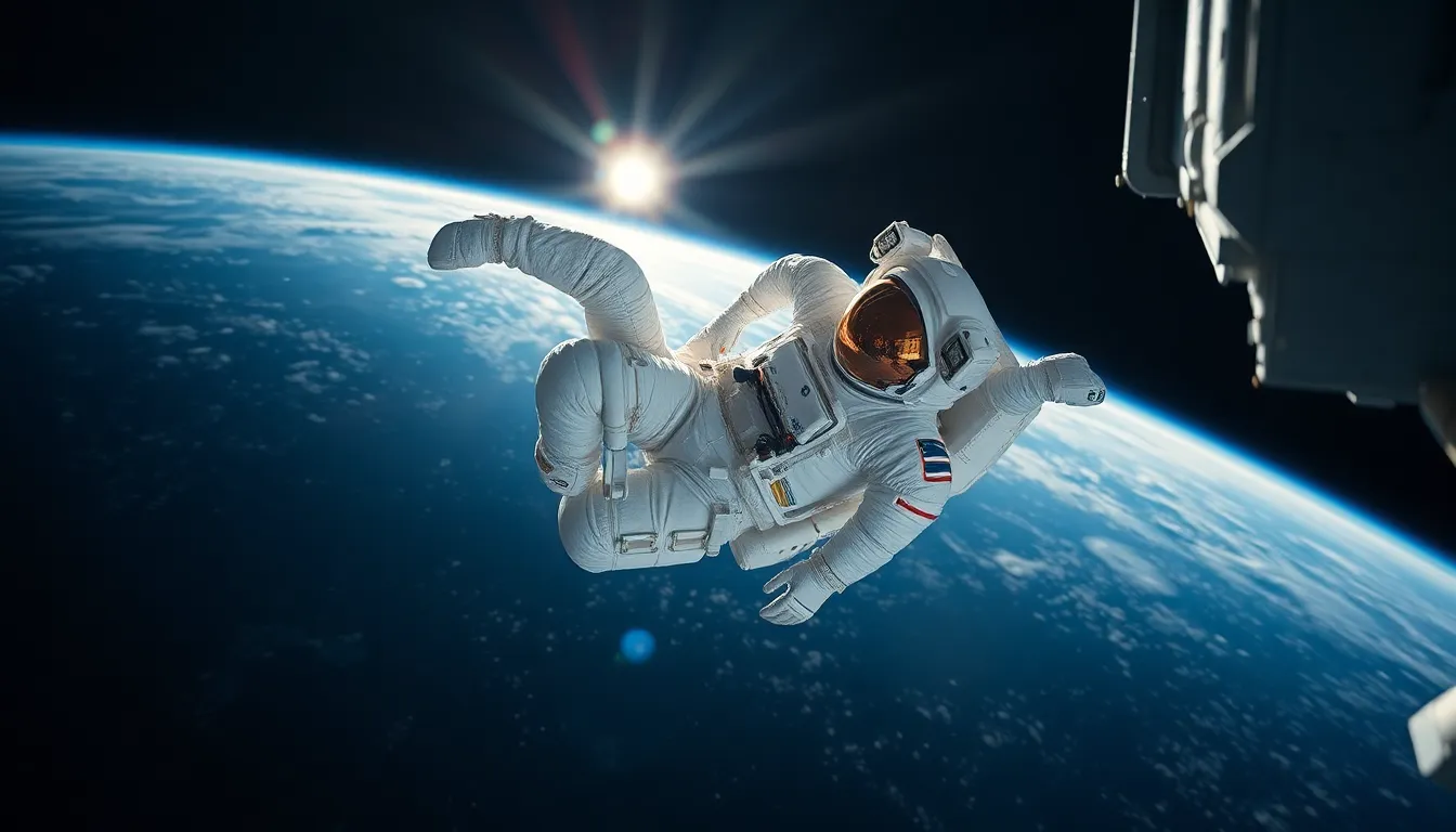 Astronaut in Microgravity Outside ISS A captivating view of an astronaut gracefully floating in microgravity just outside the International Space Station. The soft sunlight illuminates the sleek details of the space suit, creating stunning contrasts against the vast blackness of space. Surrounding stars twinkle in the background, enhancing the surreal atmosphere. This composition draws the eye toward the astronaut, emphasizing the serene yet adventurous spirit of space exploration.