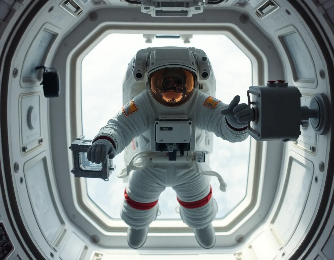 Astronaut Conducting Experiment in Microgravity This fascinating image captures an astronaut floating in microgravity while engaging with various scientific instruments inside a space capsule. The softly diffused daylight creates an inviting atmosphere, illuminating the astronaut’s focused expression. The clarity throughout the image enhances the intricate details of the equipment floating around, allowing the viewer to appreciate the complexity of space research. Muted tones emphasize the professionalism and precision of the scene.