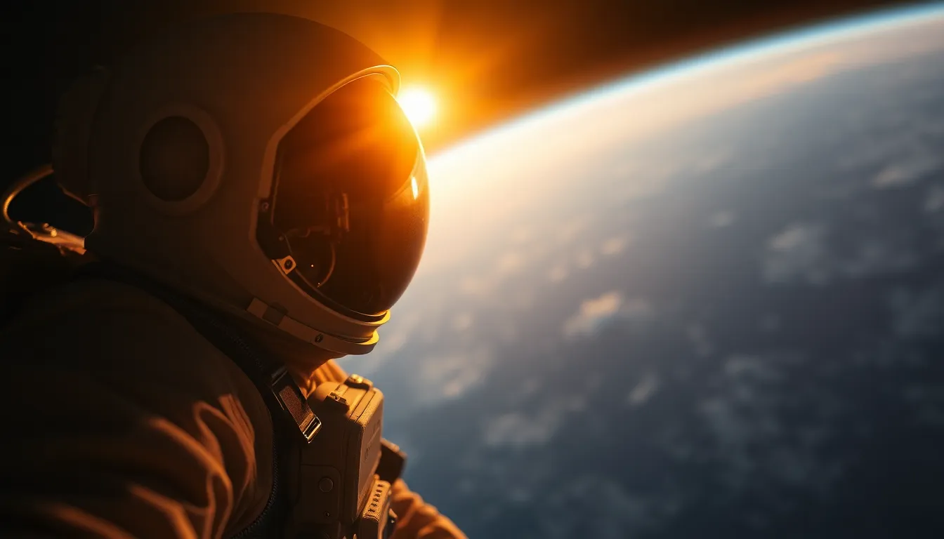 Astronaut in Sunrise Over Earth