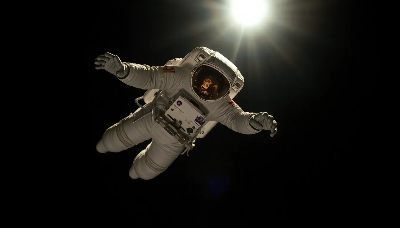 Astronaut in Space Floating Elegantly This image features an astronaut gracefully floating in the vastness of space, illuminated by the sun. The textured surface of the suit reveals the wear and details of space travel, while the blurred stars create a mesmerizing backdrop. The composition emphasizes the astronaut’s isolation and movement in the cosmos, with contrasting vibrant colors against the dark void. Ideal for conveying the beauty and solitude of space exploration.
