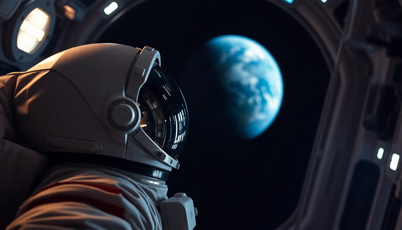 Astronaut Gazing at Earth from Space Station