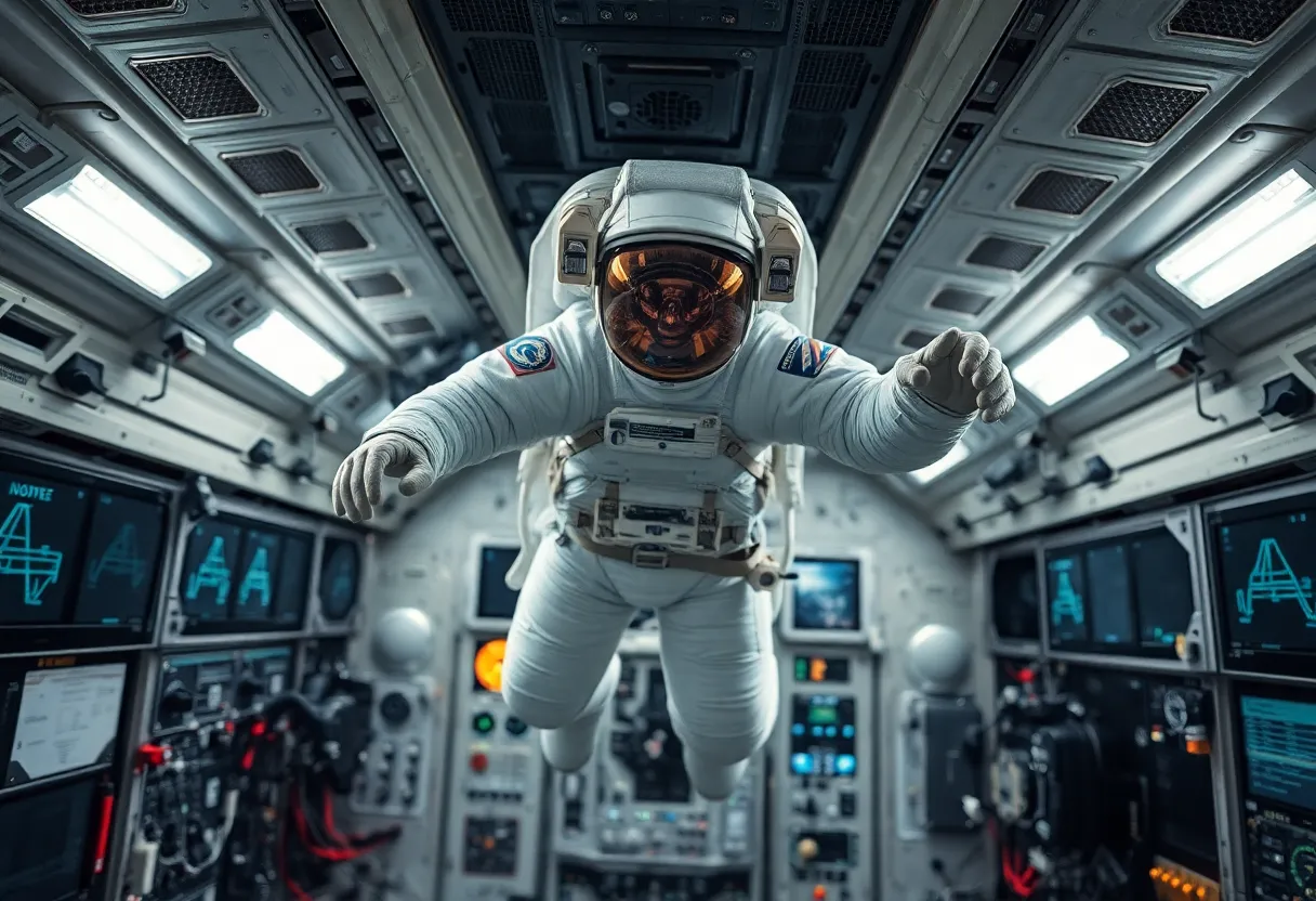 Astronaut Conducting Experiments in Space Inside the International Space Station, an astronaut diligently works with colorful liquids, floating in a microgravity environment. The practical lighting from high-tech instruments reflects vibrant hues, adding to the scene's dynamism. The astronaut's focused expression conveys determination as they navigate their experiment among advanced equipment. The overall composition captures the unique textures of the ISS’s interior, inviting viewers into the wonders of scientific discovery in space.