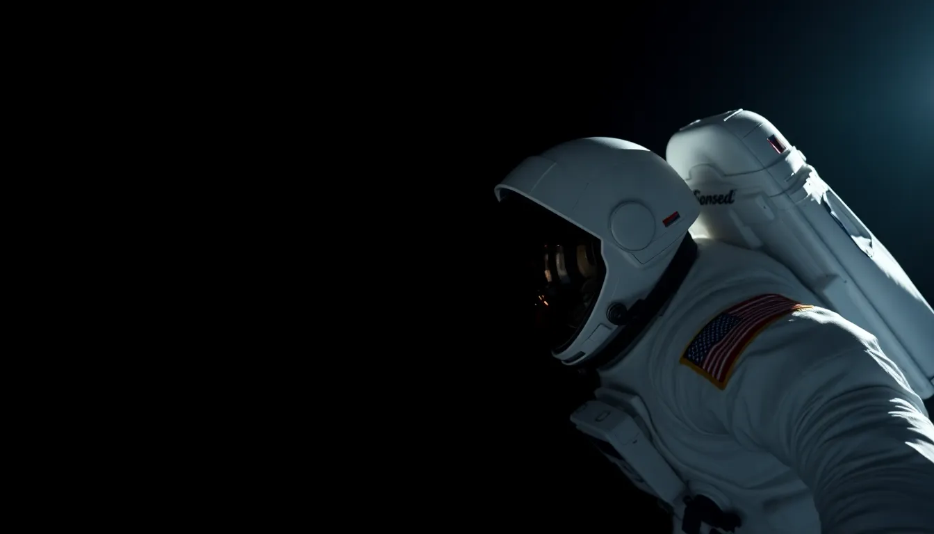 Astronaut Floating in Space This captivating image showcases an astronaut gracefully floating in the empty expanse of space, beautifully illuminated by sunlight. The details of the sleek space suit are accentuated against the deep black backdrop, enhancing the sense of isolation and wonder. The high-contrast lighting creates dramatic shadows and highlights, showcasing the textures of the suit. The overall mood is serene yet awe-inspiring, emphasizing the vastness of the universe.