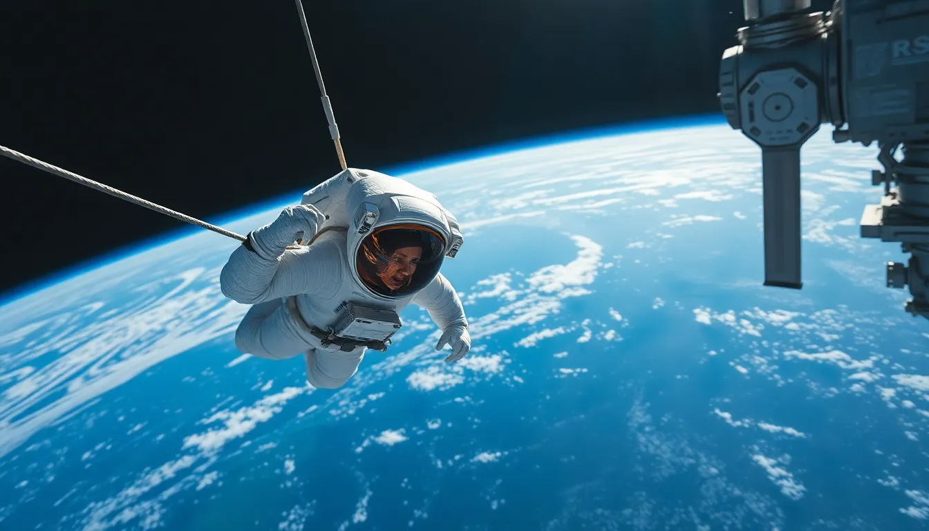 Astronaut Floating in Space This captivating image shows an astronaut gracefully floating in the void of space, tethered to the International Space Station. Sunlight glints off the Earth, creating a breathtaking backdrop of vibrant blues and whites against the dark of space. The astronaut’s helmet reflects the scene, adding a layer of depth and interest to the composition. The leading lines of the tether draw the viewer's gaze, emphasizing the beauty and isolation of human presence in the universe.