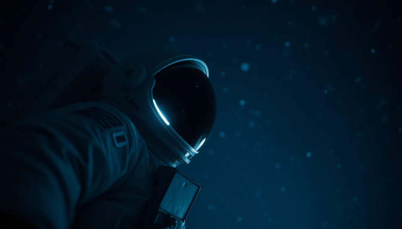 Astronaut Floating in Space In this captivating image, an astronaut is seen floating amidst the infinite expanse of space, illuminated by a serene glow of distant stars. The majestic deep blues and blacks of the cosmos create a stunning backdrop to the astronaut's intricate suit. The composition, focusing on the astronaut's detailed fabric textures and the soft blur of cosmic elements, evokes a profound sense of isolation and wonder. The image beautifully captures the essence of space exploration and the intricate details of aerospace technology.