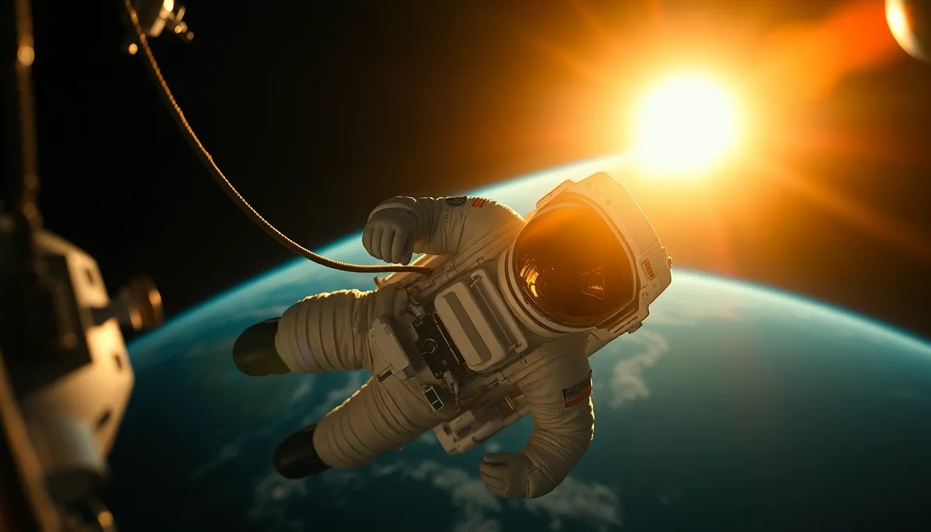 Astronaut Floating in Space with Sun Backlighting