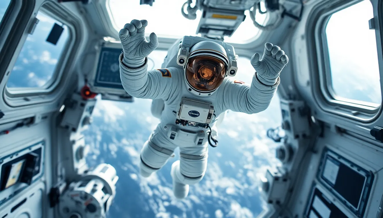 Astronaut in Zero Gravity Inside Space Station