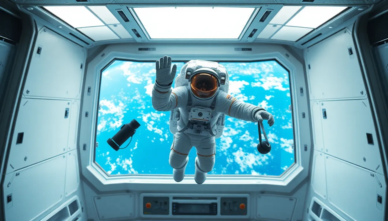 Astronaut in Zero Gravity Inside Space Station