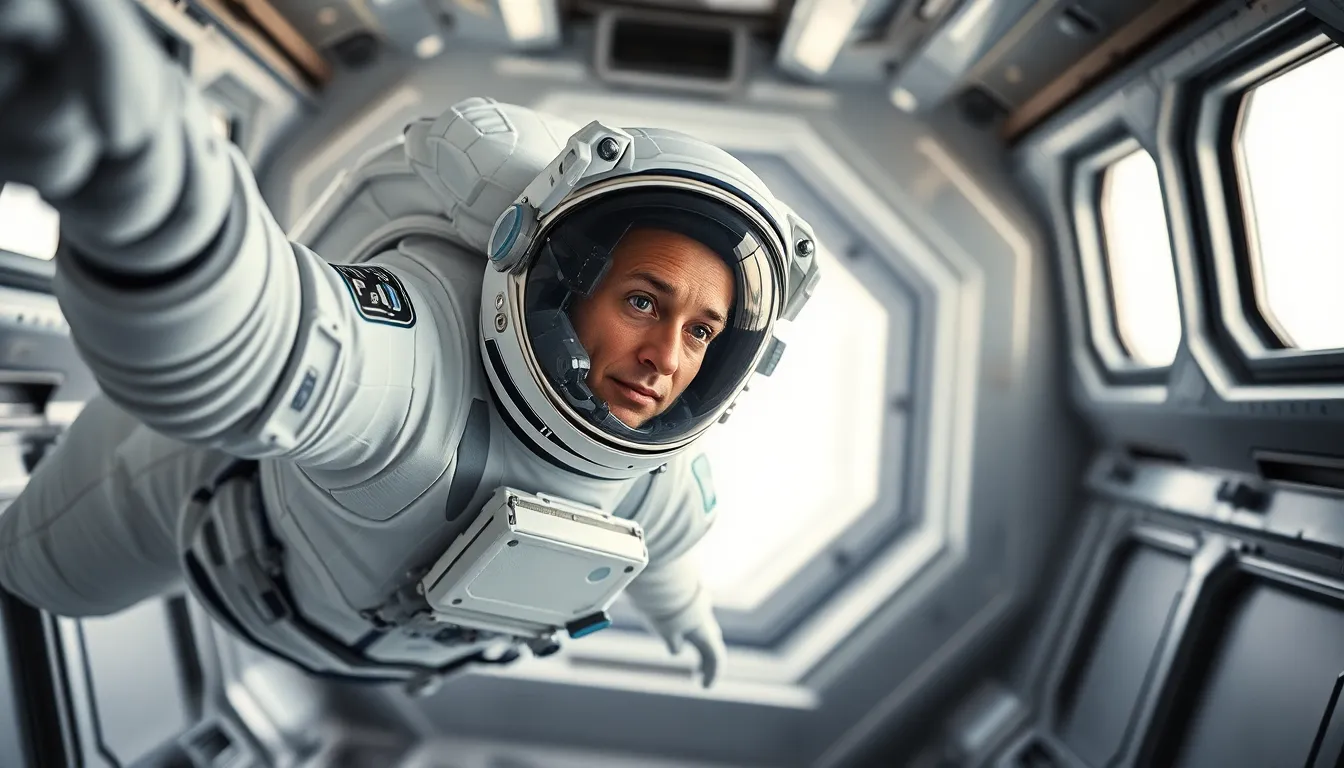 Astronaut In Zero Gravity Inside Spacecraft This captivating image showcases an astronaut gracefully floating in the zero-gravity interior of a modern spacecraft. The soft, diffused lighting streams through the windows, creating a serene atmosphere that contrasts with the intricate details of the space suit. Muted whites and grays dominate the scene, accented by hints of blue, emphasizing the advanced technology at play. With the astronaut positioned in the left third of the frame, the composition draws the viewer's eye and evokes a sense of exploration in the vastness of space.