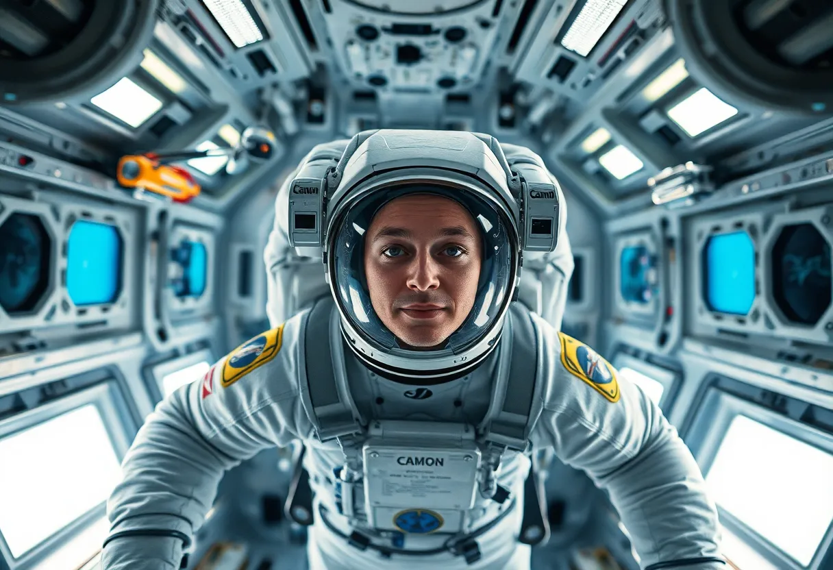 Astronaut Floating in Zero Gravity Inside Spacecraft This engaging image captures an astronaut floating effortlessly in the zero-gravity environment of a spacecraft. Soft LED lighting enhances the clean and clinical atmosphere within, while vibrant blue control panels provide contrast against the cool grays. The astronaut appears focused, surrounded by various floating tools that evoke the challenges of working in space. The sharp details and thoughtful composition immerse viewers in the unique experience of life aboard a spacecraft.