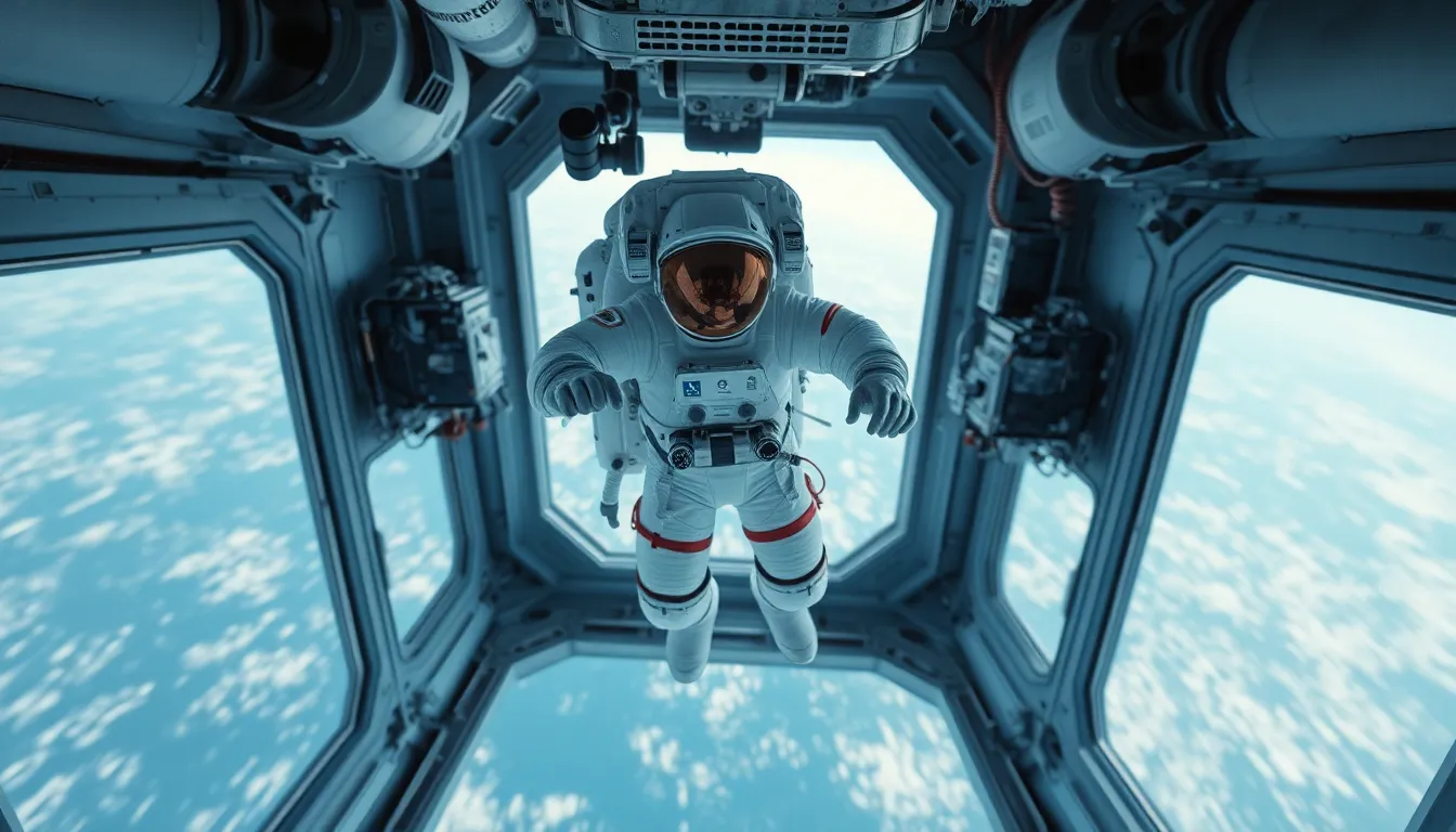 Astronaut in Zero Gravity Inside ISS