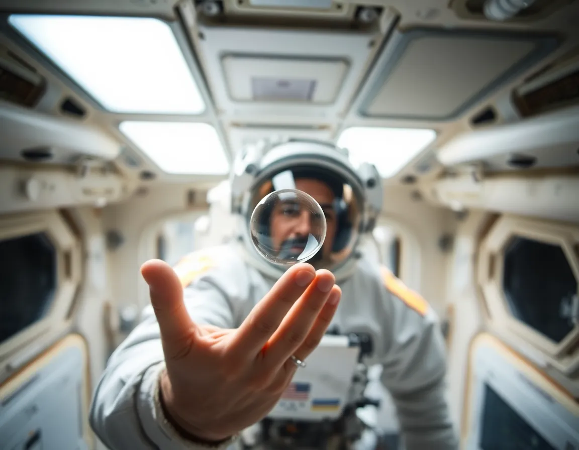 Astronaut Playing with Water Bubble in Space