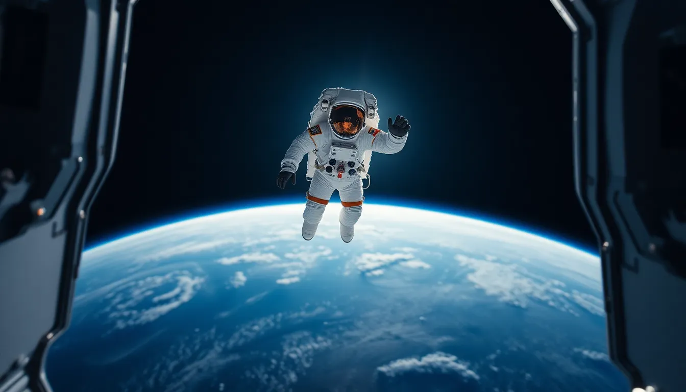 Astronaut Floating in Space Near ISS
