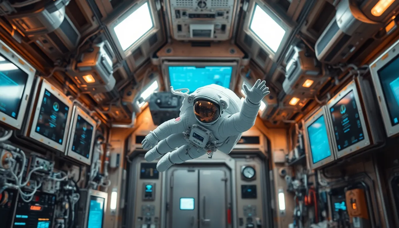 Astronaut Floating in Space Station
