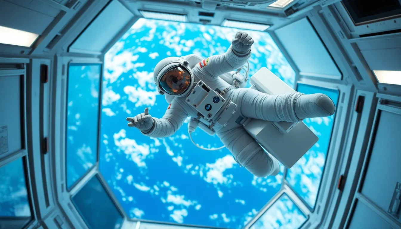 Astronaut Floating in Space Station