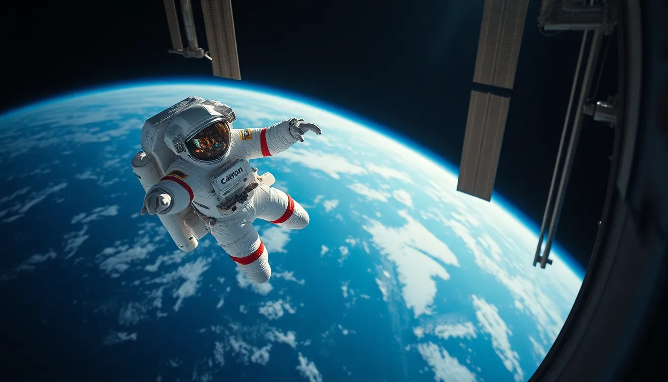Astronaut Floating Near International Space Station