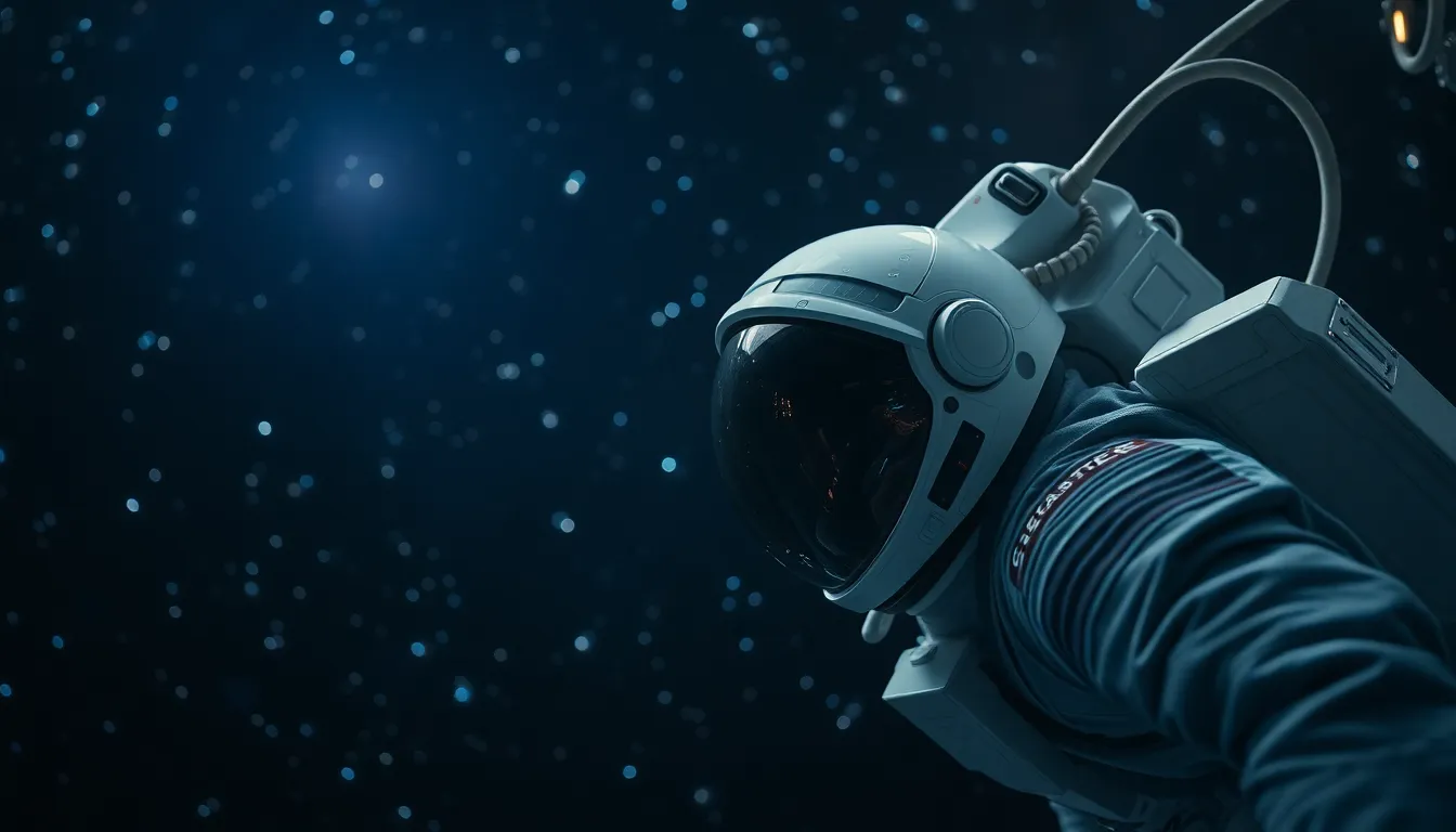 Astronaut Floating in Space This striking image captures an astronaut gracefully floating in the vastness of space, tethered to a sleek spacecraft. The cosmic lighting creates an ethereal ambiance, while the deep blues of space contrast beautifully against the futuristic suit. The reflective visor reveals the starry landscape, adding intrigue to the scene. The carefully composed framing emphasizes the isolation and wonder of outer space.