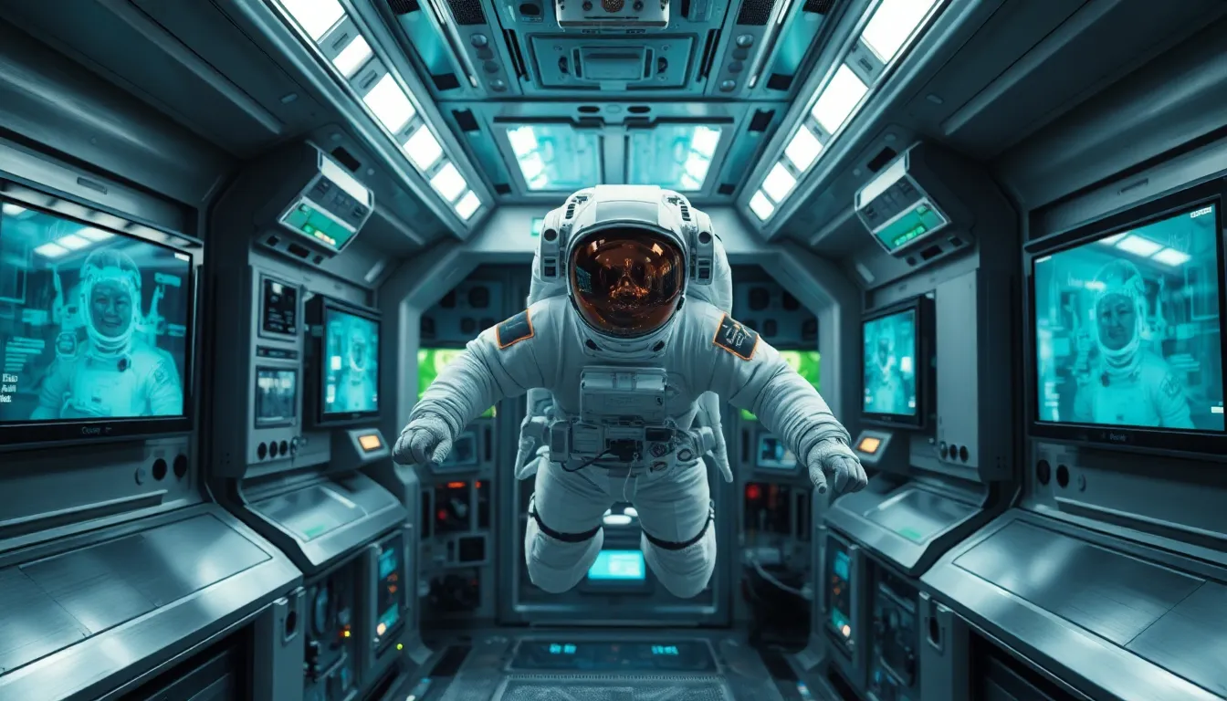 Astronaut in Zero Gravity Inside Spacecraft This striking image captures an astronaut floating effortlessly in the vibrant interior of a spacecraft, surrounded by an array of high-tech instruments and glowing screens. The bright LED lights reflect off sleek metallic surfaces, creating a modern and immersive atmosphere. The colors are dominated by cool tones, invoking a sense of calm and focus. The carefully centered composition gives the viewer a detailed view of the intricate technology that facilitates life in space.