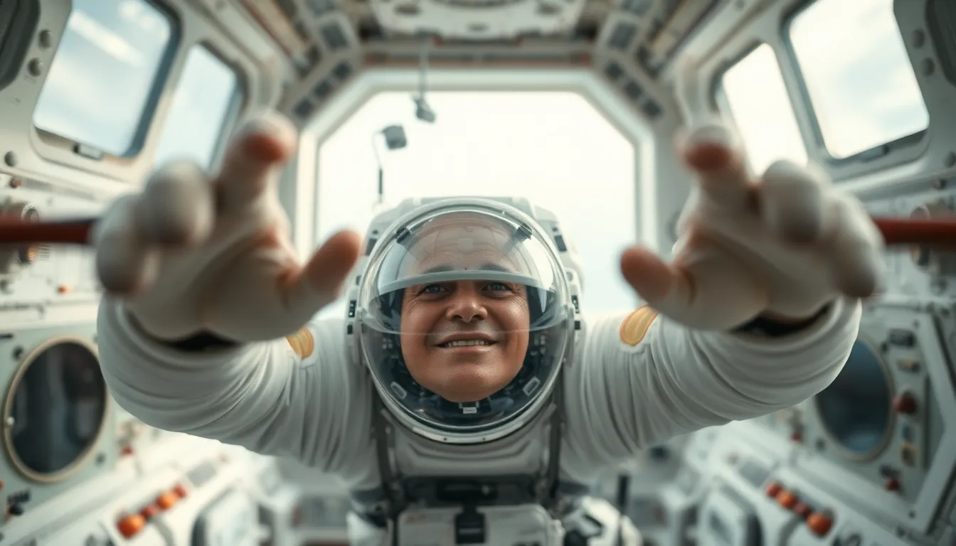 Astronaut in Zero Gravity Inside Spacecraft This intimate image captures an astronaut in a serene moment of zero gravity within a spacecraft. Soft diffused light filters through the windows, creating a calm atmosphere. The focus on the astronaut's face reveals emotion and natural skin texture, while the surroundings blur into a soft bokeh. Muted colors and the presence of floating tools emphasize the unique weightless experience, making the viewer feel a part of this extraordinary setting.