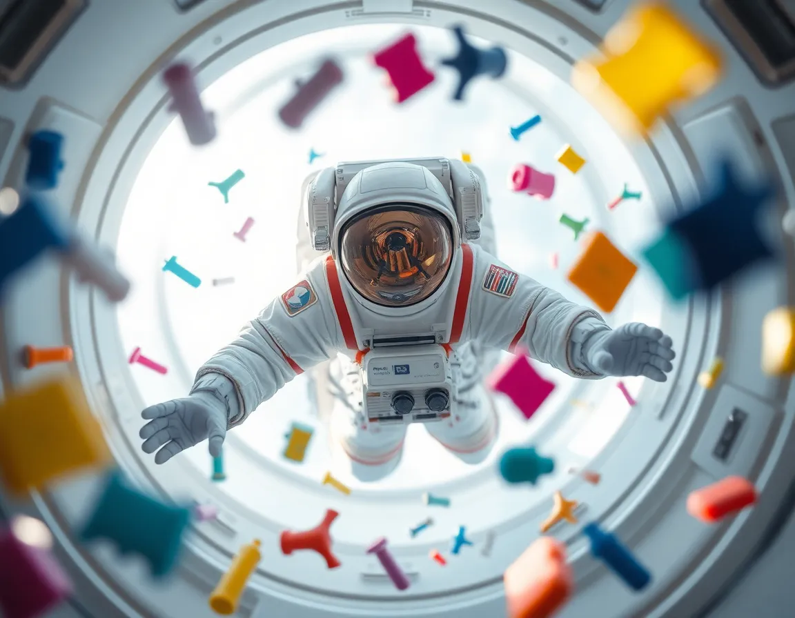 Astronaut in Zero Gravity with Floating Objects