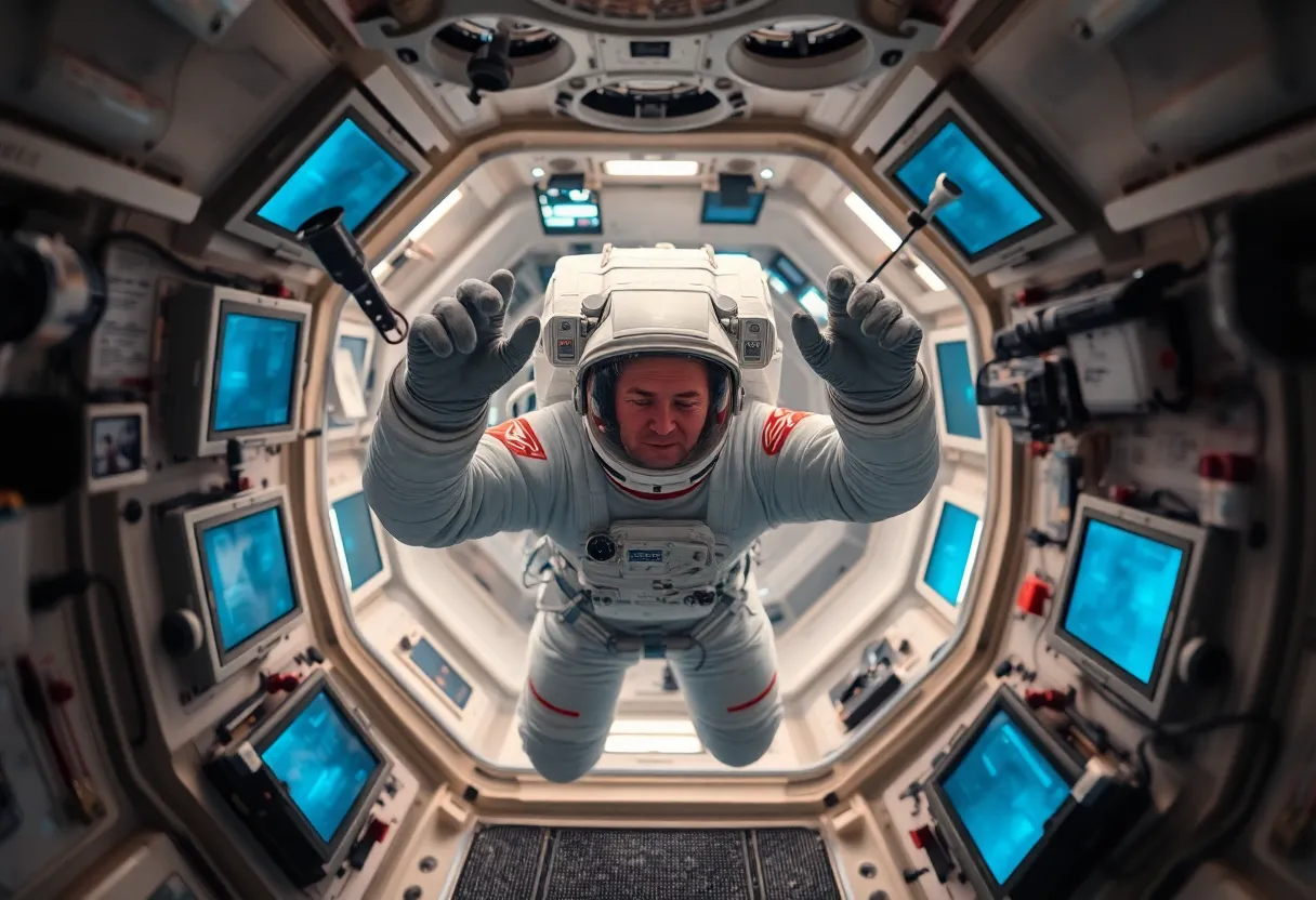 Astronaut Working in Zero Gravity Inside Spacecraft This intimate image depicts an astronaut immersed in their tasks within a spacecraft, surrounded by floating tools and bright screens. The soft studio lighting enhances the calm atmosphere of zero gravity, while the astronaut's focused expression conveys the dedication of space exploration. This shot captures the blend of human resilience with the advanced technology of space travel.