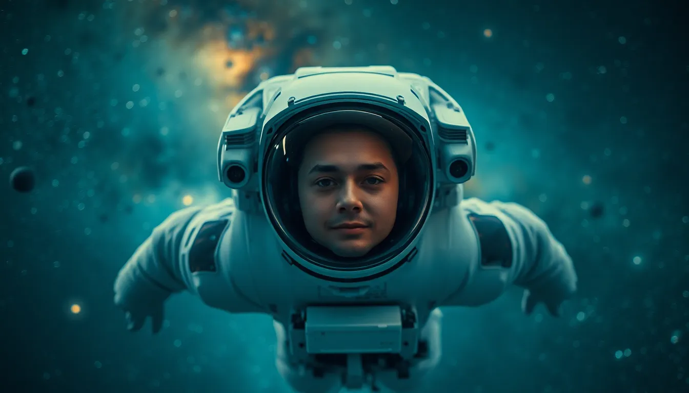 Astronaut Floating in the Milky Way This breathtaking image captures an astronaut floating in the vast emptiness of space, with the Milky Way galaxy radiating in vibrant colors beyond. The serene expression of the astronaut highlights the tranquility of the moment, while the deep teal and orange hues add a cinematic quality to the scene. The sharp focus on the astronaut contrasts beautifully with the beautifully blurred cosmos, drawing attention to the isolation and wonder of space exploration.