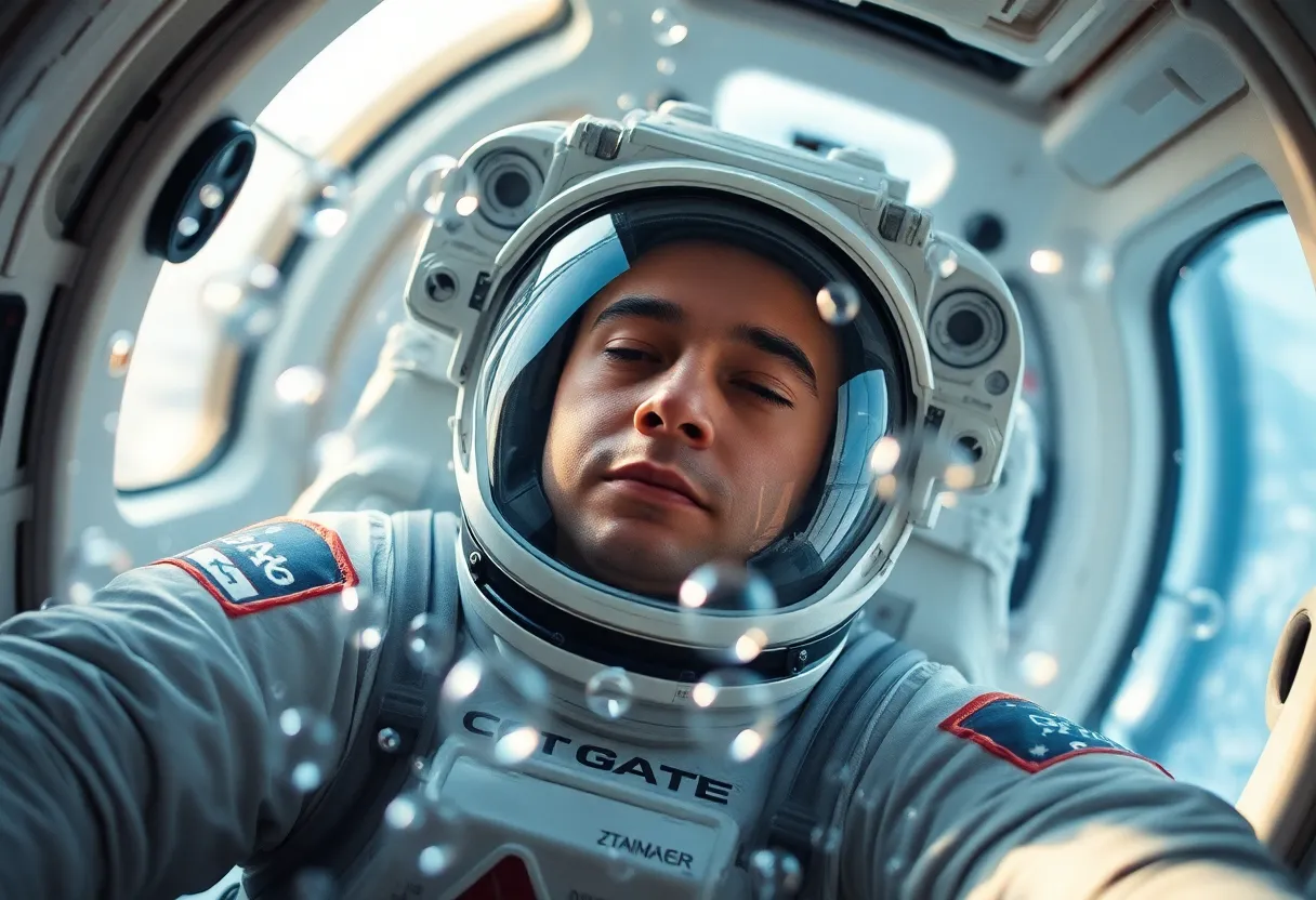 Astronaut Floating in Zero Gravity Habitat
