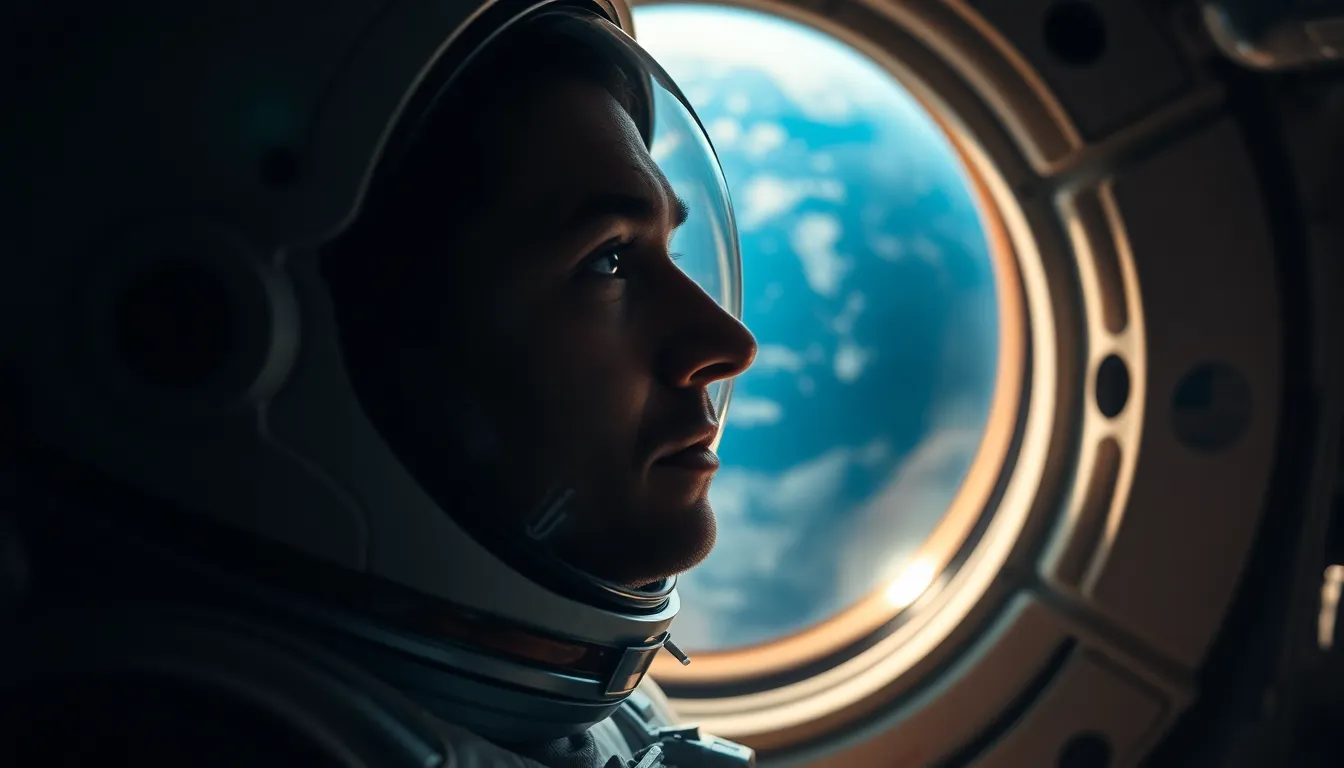 Astronaut Gazing at Earth from Space Module