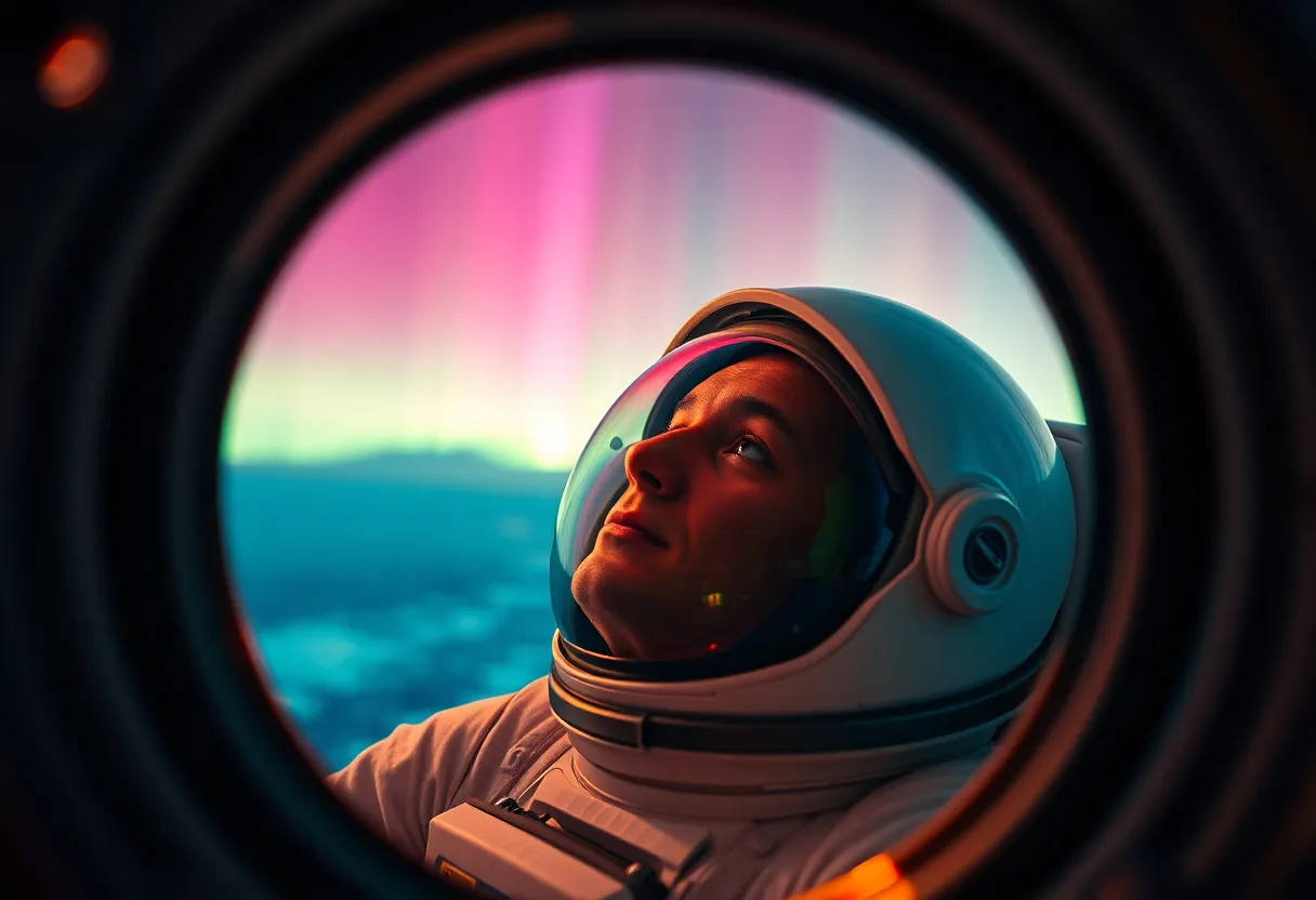 Astronaut Observing Auroras from Space Capsule