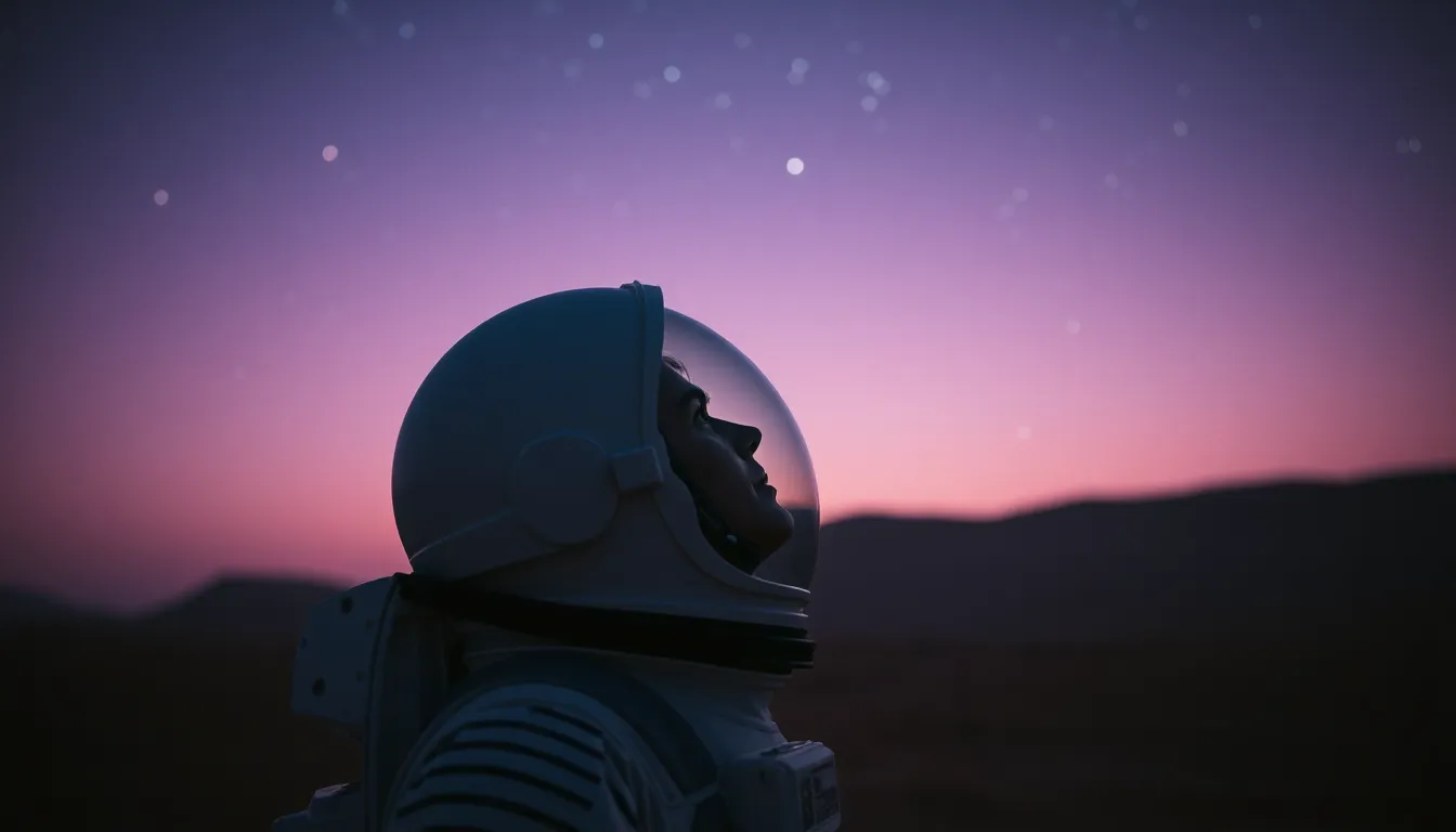 Astronaut Gazing at Stars from Martian Surface This serene image showcases an astronaut seated on the surface of Mars, gazing thoughtfully at the expanse of stars above. The cool twilight colors create a peaceful ambiance, highlighting the contrast between the astronaut's presence and the alien landscape. With the sharp focus on the astronaut's profile, the image beautifully captures the moment of reflection and awe in the tranquility of space.