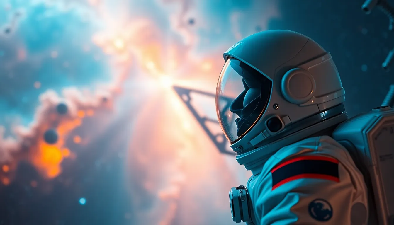 Astronaut Overlooking Nebula from Space Station An astronaut stands on the edge of a space station, gazing in awe at a breathtaking nebula glowing brightly in the cosmos. The contrast between the vibrant colors of the cosmic formations and the astronaut's suit creates a stunning visual impact. The soft glow of the nebula, coupled with the astronaut's focused expression, encapsulates the wonder of space exploration. The centered composition draws the viewer's eye to the beauty of the universe and the smallness of humanity in the vastness of space.