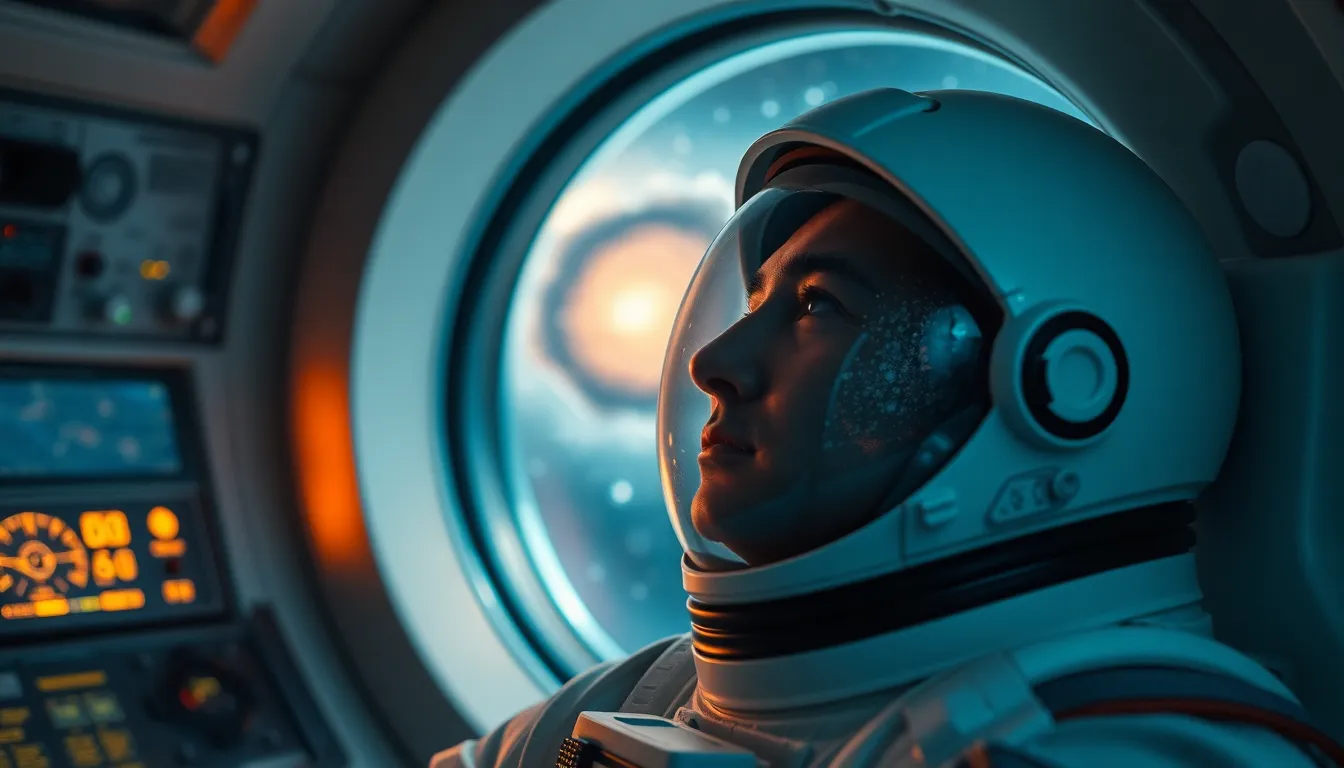 Astronaut Contemplating Galaxy from Spacecraft