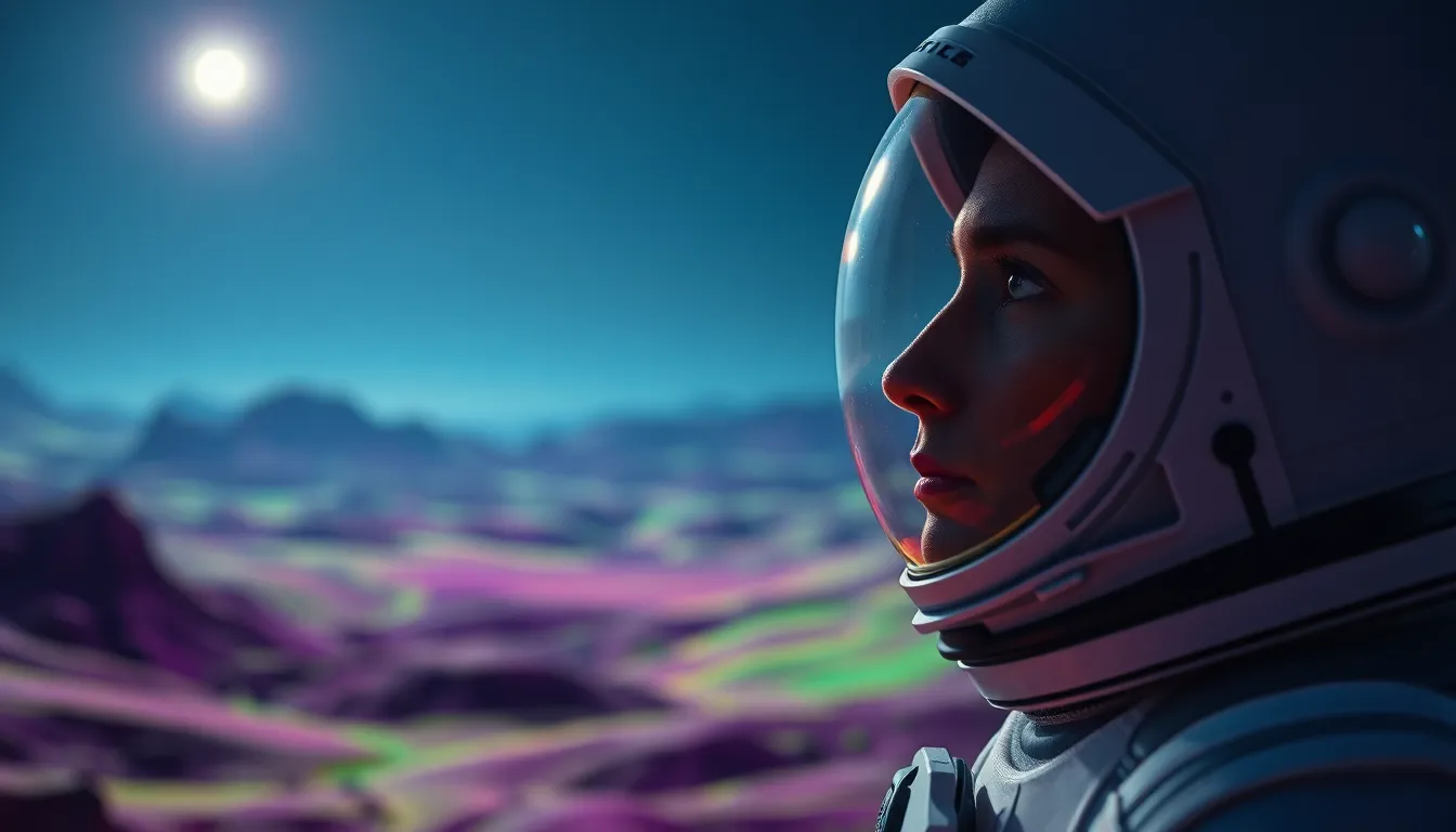 Astronaut Marveling at Alien Landscape This mesmerizing image captures an astronaut standing in awe of an alien landscape filled with surreal colors and forms. The cool light from a nearby star highlights the features of the astronaut, reflecting their emotions of wonder and exploration. In the background, the vibrant alien flora adds a fantastical quality to the scene, showcasing an otherworldly beauty. The stunning visual representation serves as a reminder of the vast possibilities beyond our planet.