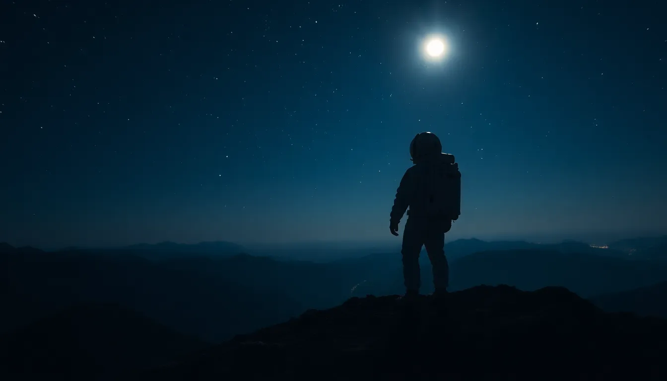 Astronaut Stargazing from Mountain Summit