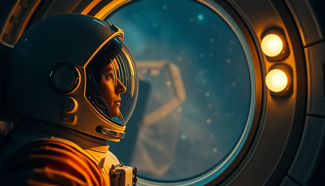 Astronaut Gazing at Stars in Space Habitat This serene image depicts an astronaut gazing thoughtfully at the stars through the window of a high-tech space habitat. The soft, warm light inside creates a cozy atmosphere, highlighting the reflective glass of the helmet and the intricate design of the habitat. Outside, the stars twinkle in the dark expanse, capturing the awe of the cosmos. This image beautifully contrasts human innovation with the vastness of space, evoking feelings of wonder and exploration.