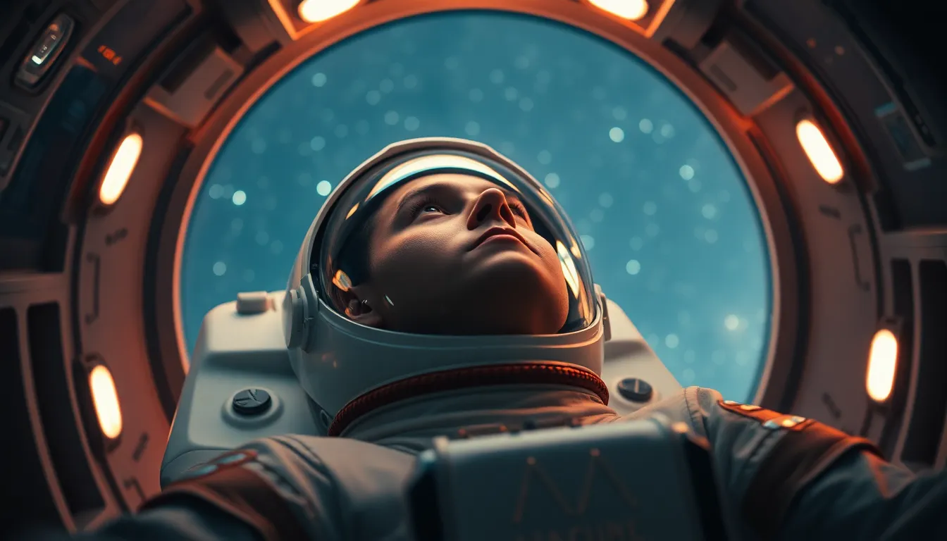 Astronaut Contemplating Stars in Space Capsule