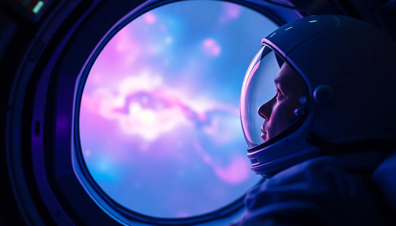 Astronaut Contemplating Nebula from Spacecraft Window