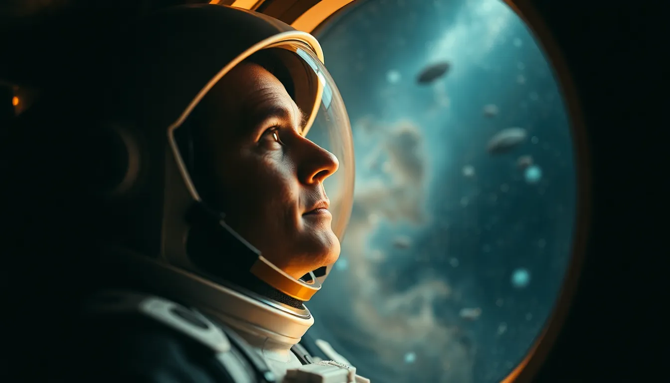 Astronaut Contemplating Space Through Porthole