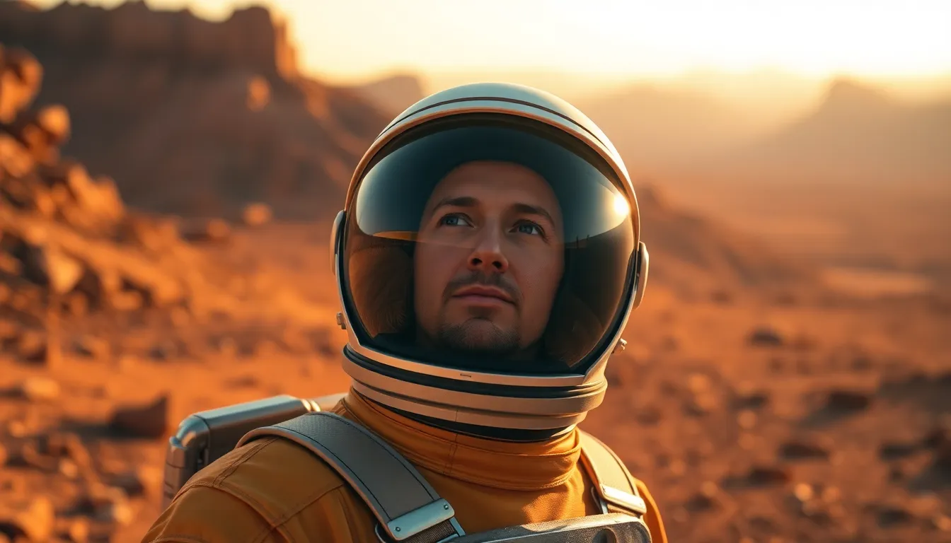 Astronaut Gazing Towards Mars Landscape