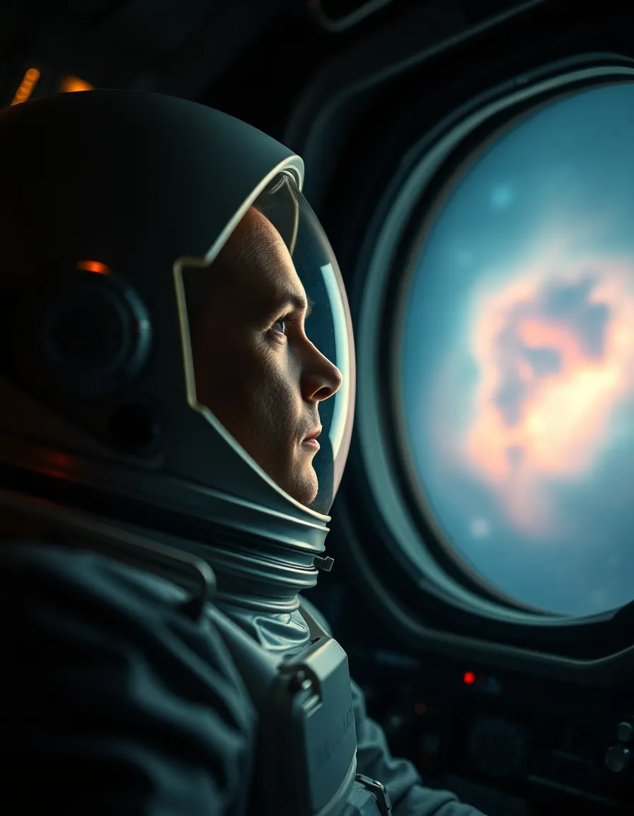 Astronaut Contemplating Space Nebula from Spacecraft