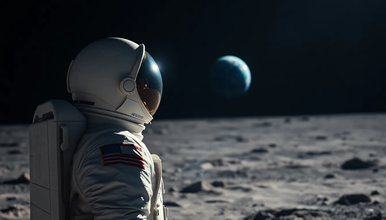 Astronaut Gazing at Earth from Lunar Surface